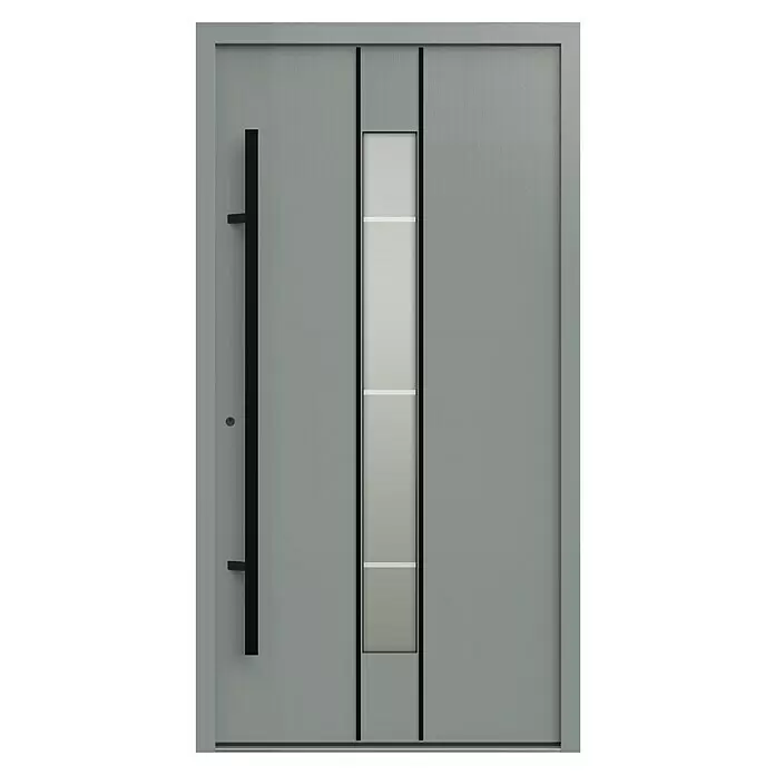 Gerda Haustür Thermo Prime 75 Lugano - 110 x 210 cm, DIN Anschlag: Links, Grau, Schwarze Details - Moderne graue Eingangstür mit schwarzem Stangengriff und vertikaler Milchglasscheibe.