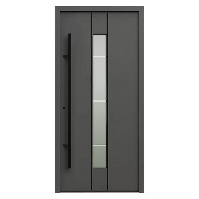 Gerda Haustür Thermo Prime 75 Lugano - 100 x 210 cm, DIN Anschlag: Links, Anthrazitgrau, Schwarze Details - Moderne dunkelgraue Tür mit schwarzem Stangengriff und vertikalem Milchglaseinsatz.