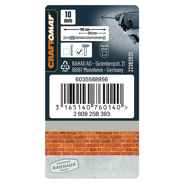 Craftomat Broca para hormigón SDS-Plus - Largo: 160 mm, Diámetro de la broca: 10 mm - Primer plano del embalaje de una broca CRAFTOMAT de 10 mm, con especificaciones de tamaño, detalles del fabricante, código de barras y garantía de calidad Bauhaus.
