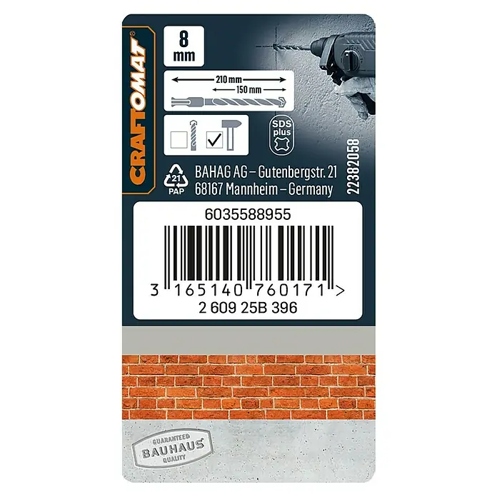 Craftomat Broca para hormigón SDS-Plus - Largo: 210 mm, Diámetro de la broca: 8 mm - Primer plano de un envase de broca para martillo CRAFTOMAT SDS-Plus de 8 mm, con especificaciones de tamaño y código de barras.