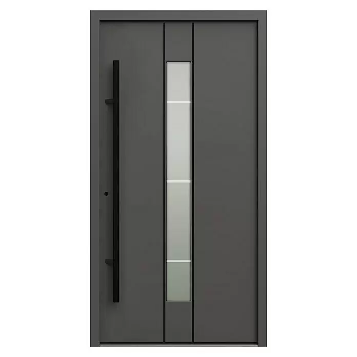 Gerda Haustür Thermo Prime 75 Lugano - 110 x 210 cm, DIN Anschlag: Links, Anthrazitgrau, Schwarze Details - Moderne anthrazitfarbene Eingangstür mit vertikaler Milchglasscheibe und langem schwarzem Stangengriff.