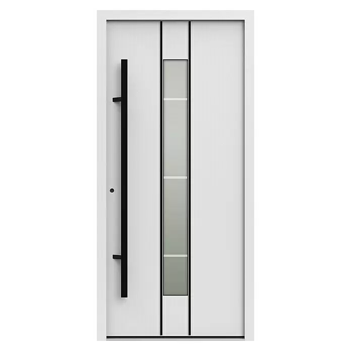 Gerda Haustür Thermo Prime 75 Lugano - 100 x 210 cm, DIN Anschlag: Links, Weiß, Schwarze Details - Moderne weiße Eingangstür mit schwarzem Vertikalgriff und schmalem, mattiertem Glaspaneel.