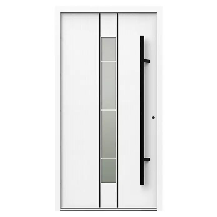 Gerda Haustür Thermo Prime 75 Lugano - 110 x 210 cm, DIN Anschlag: Rechts, Weiß, Schwarze Details - Moderne weiße Eingangstür mit vertikalem Milchglaseinsatz und langem schwarzem Stangengriff.