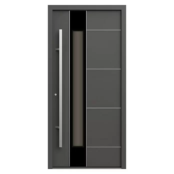 Gerda Haustür Thermo Prime 75 Linz - 100 x 210 cm, DIN Anschlag: Links, Anthrazitgrau, Details in Edelstahl - Moderne dunkelgraue Haustür mit langem Silbergriff, vertikalem Glaseinsatz und horizontalen Zierleisten.