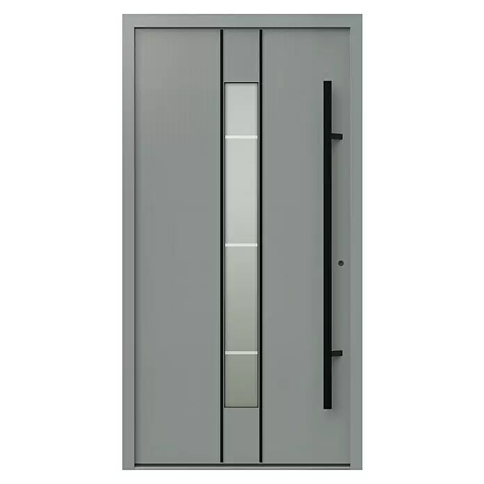 Gerda Haustür Thermo Prime 75 Lugano - 110 x 210 cm, DIN Anschlag: Rechts, Grau, Schwarze Details - Moderne hellgraue Eingangstür mit vertikalem Milchglaspanel, schwarzem Rahmen und langem schwarzem Griff.