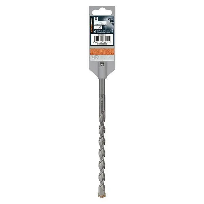 Craftomat SDS-Plus Betonbohrer - Länge: 210 mm, Durchmesser Bohrer: 12 mm - Nahaufnahme eines 12 mm Craftomat Bohrers, ideal zum Bohren in Mauerwerk, mit spiralförmigem Design für effizienten Abtransport von Bohrmehl.