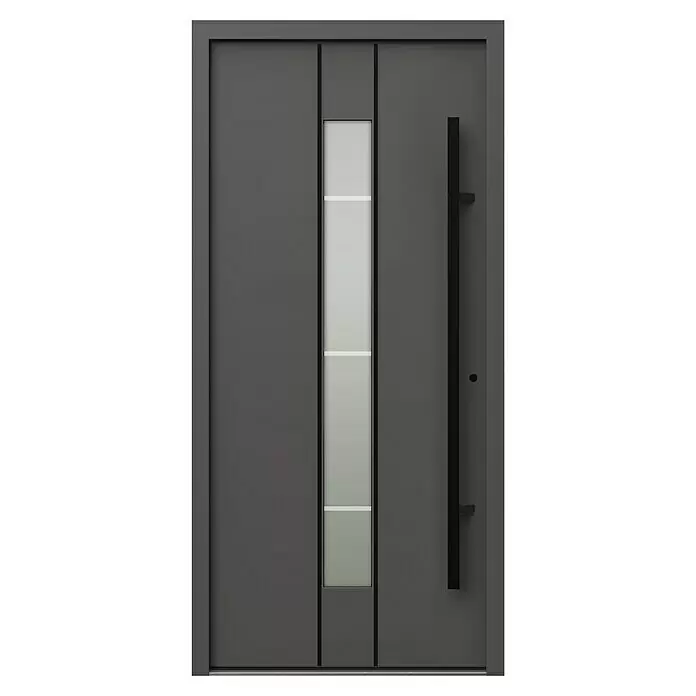 Gerda Haustür Thermo Prime 75 Lugano - 100 x 210 cm, DIN Anschlag: Rechts, Anthrazitgrau, Schwarze Details - Moderne graue Eingangstür mit vertikalem Milchglasfeld und langem schwarzem Griff.