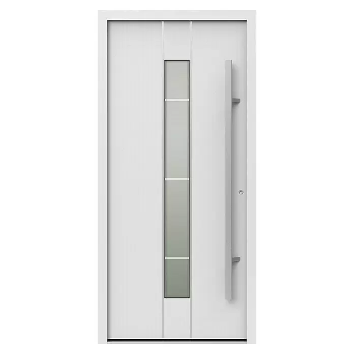 Gerda Haustür Thermo Prime 75 Lugano - 100 x 210 cm, DIN Anschlag: Rechts, Weiß, Details in Edelstahl - Moderne weiße Eingangstür mit vertikaler Milchglasscheibe und langem silbernem Griff.