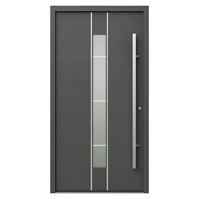Gerda Haustür Thermo Prime 75 Lugano - 110 x 210 cm, DIN Anschlag: Rechts, Anthrazitgrau, Details in Edelstahl - Dunkelgraue moderne Haustür mit vertikalem Milchglasfeld und langem gebürsteten Metallgriff.