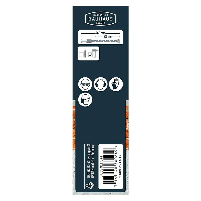 Craftomat Broca para hormigón SDS-Plus - Largo: 260 mm, Diámetro de la broca: 20 mm - Embalaje del producto con información de la broca, sello de calidad Bauhaus, instrucciones de seguridad y código de barras para detalles de la broca de 260 mm de longitud.