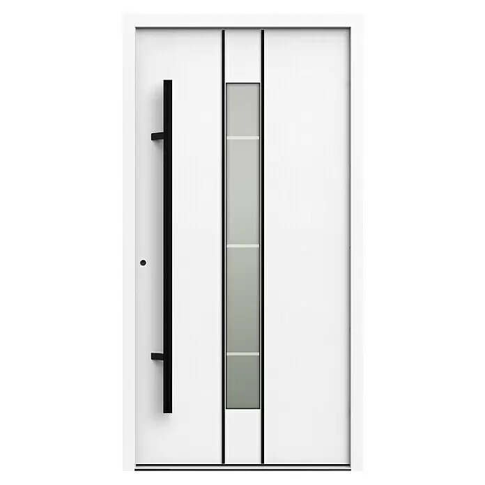 Gerda Haustür Thermo Prime 75 Lugano - 110 x 210 cm, DIN Anschlag: Links, Weiß, Schwarze Details - Moderne weiße Eingangstür mit langem schwarzem Griff und vertikalem Milchglasfeld.