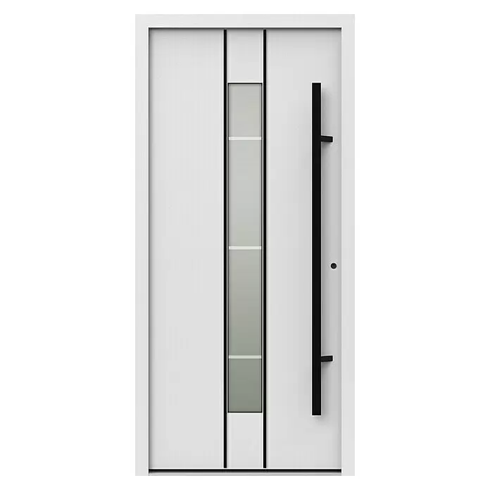 Gerda Haustür Thermo Prime 75 Lugano - 100 x 210 cm, DIN Anschlag: Rechts, Weiß, Schwarze Details - Weiße moderne Eingangstür mit vertikalem Milchglaseinsatz und schwarzem Stangengriff.