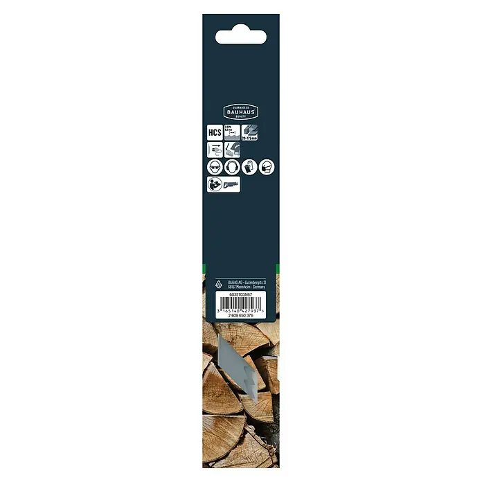 Craftomat Säbelsägeblatt S 1111 K - Grobholz, 2 -tlg., Zahnabstand: 8,5 mm - Produktverpackung mit Bauhaus Qualitätsgarantie, HCS-Spezifikationen und Sicherheitshinweisen für Sägearbeiten. Inklusive Herstellerinformationen und Barcode.