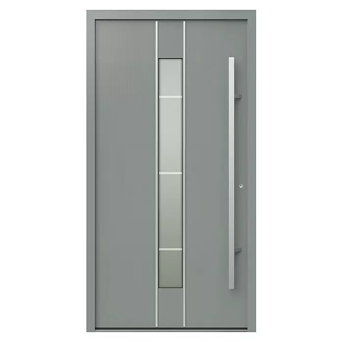 Gerda Haustür Thermo Prime 75 Lugano - 110 x 210 cm, DIN Anschlag: Rechts, Grau, Details in Edelstahl - Moderne graue Eingangstür mit vertikalem Glaseinsatz und langem Stangengriff.