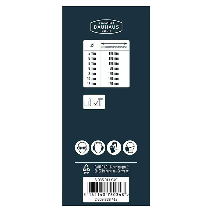 Craftomat Broca para hormigón y mampostería - 7 pzs., Diámetro de la broca: 12 mm - Impresión del embalaje con garantía de calidad Bauhaus, información del tamaño de la broca e instrucciones de seguridad.