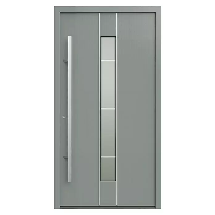 Gerda Haustür Thermo Prime 75 Lugano - 110 x 210 cm, DIN Anschlag: Links, Grau, Details in Edelstahl - Moderne graue Eingangstür mit langem Silbergriff und vertikaler Milchglasscheibe.