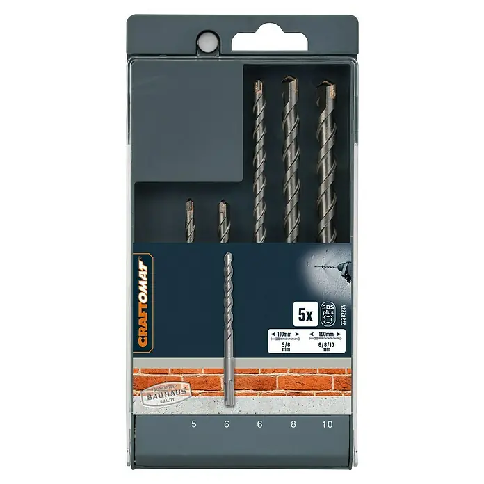 Craftomat Beton- & Steinbohrer - Durchmesser Bohrer: 10 mm - Ein Set aus fünf Craftomat SDS Plus Bohrern in verschiedenen Größen, ideal für Heimwerker- und Bauprojekte.