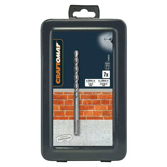 Craftomat Beton- & Steinbohrer - 7 -tlg., Durchmesser Bohrer: 12 mm - Bild einer Packung mit sieben Craftomat SDS-Plus-Bohrern in verschiedenen Größen für Mauerwerk und Beton.