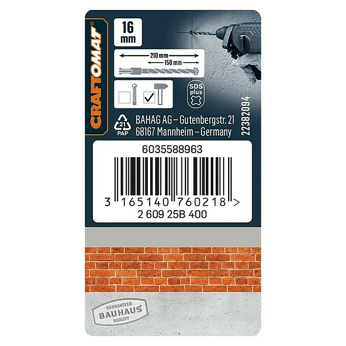 Craftomat Broca para hormigón SDS-Plus - Largo: 210 mm, Diámetro de la broca: 16 mm - Embalaje del producto para una broca de martillo Craftomat SDS-Plus de 16 mm con una longitud de 210 mm para usar en martillos perforadores.