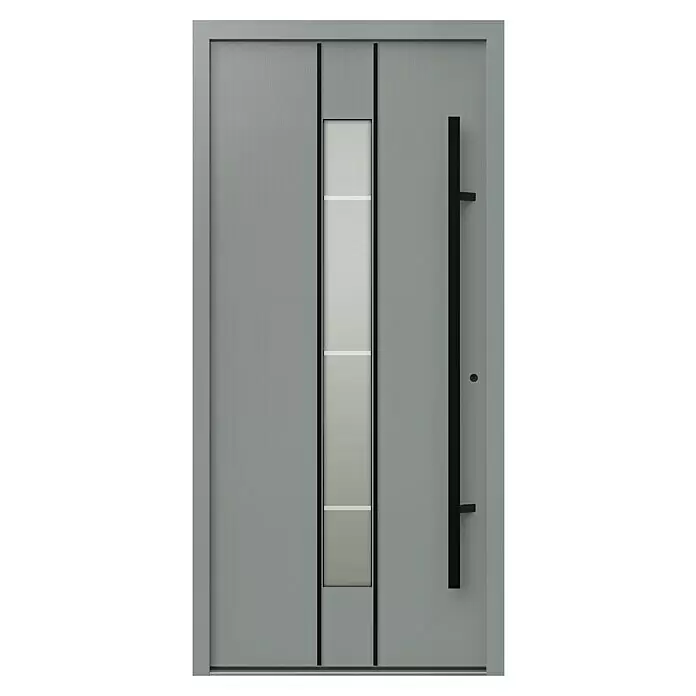 Gerda Haustür Thermo Prime 75 Lugano - 100 x 210 cm, DIN Anschlag: Rechts, Grau, Schwarze Details - Moderne graue Tür mit vertikalem Glaseinsatz und schwarzem Stangengriff.