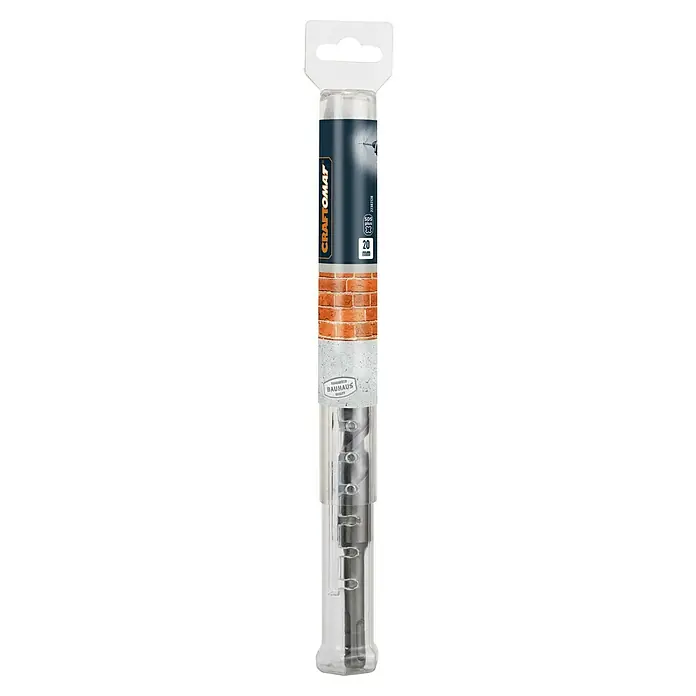 Craftomat SDS-Plus Betonbohrer - Länge: 260 mm, Durchmesser Bohrer: 20 mm - Ein Craftomat 20 mm SDS-Plus-Bohrer für Mauerwerk in transparenter Verpackung, ideal für präzise Bohrarbeiten.