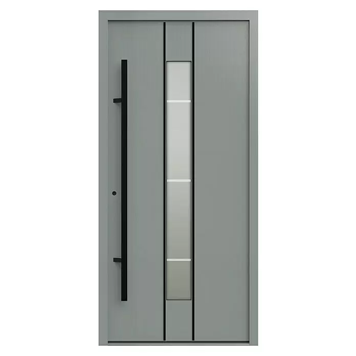 Gerda Haustür Thermo Prime 75 Lugano - 100 x 210 cm, DIN Anschlag: Links, Grau, Schwarze Details - Moderne graue Eingangstür mit vertikalem Glaseinsatz, weißen Querstreben und einem langen schwarzen Stangengriff.
