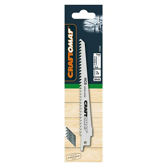 Craftomat Säbelsägeblatt S 644 D - Holz, 2 -tlg., Zahnabstand: 4,3 mm - Verpackung einer Craftomat Stichsägeblatt-Packung, HCS Swiss Made, ideal für Holzarbeiten.