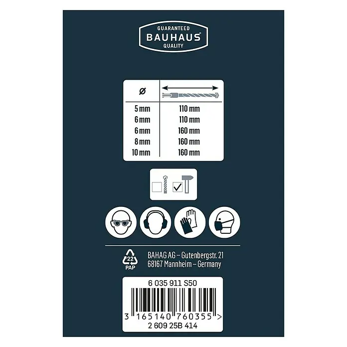 Craftomat Broca para hormigón y mampostería - Diámetro de la broca: 10 mm - Imagen de un paquete de brocas Bauhaus que muestra información de tamaño y consejos de seguridad para el manitas.