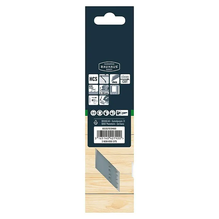 Craftomat Säbelsägeblatt S 644 D - Holz, 2 -tlg., Zahnabstand: 4,3 mm - Nahaufnahme der Verpackung eines Bauhaus-Sägeblatts mit technischen Details und Barcode.
