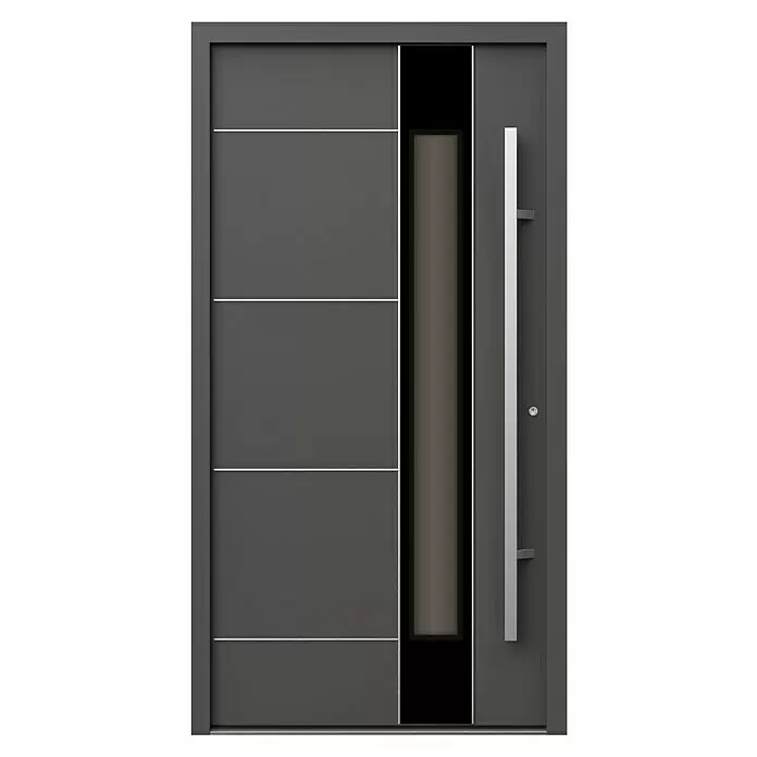 Gerda Haustür Thermo Prime 75 Linz - 110 x 210 cm, DIN Anschlag: Rechts, Anthrazitgrau, Details in Edelstahl - Moderne dunkelgraue Eingangstür mit horizontalen Silberlinien, vertikaler Glasscheibe und langem silbernem Griff.