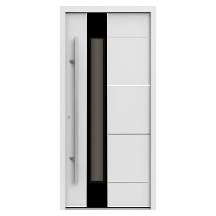 Gerda Haustür Thermo Prime 75 Linz - 100 x 210 cm, DIN Anschlag: Links, Weiß, Details in Edelstahl - Moderne weiße Außentür mit vertikaler schwarzer Glasscheibe und langem, gebürstetem Silbergriff.