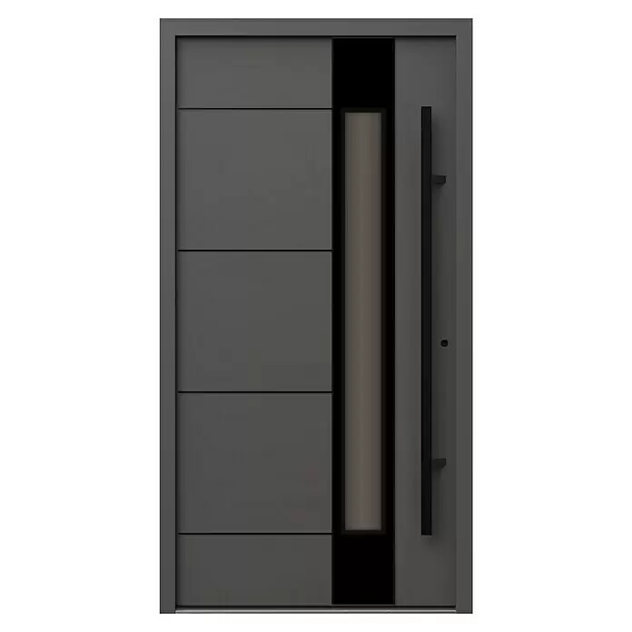 Gerda Haustür Thermo Prime 75 Linz - 110 x 210 cm, DIN Anschlag: Rechts, Anthrazitgrau, Schwarze Details - Moderne dunkelgraue Eingangstür mit vertikalem Glaseinsatz und langem schwarzem Stangengriff.