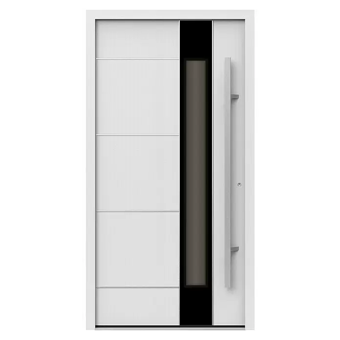 Gerda Haustür Thermo Prime 75 Linz - 110 x 210 cm, DIN Anschlag: Rechts, Weiß, Details in Edelstahl - Moderne weiße Haustür mit strukturierter Oberfläche, drei horizontalen Linien, vertikalem dunklen Glaseinsatz und langem Stangengriff.