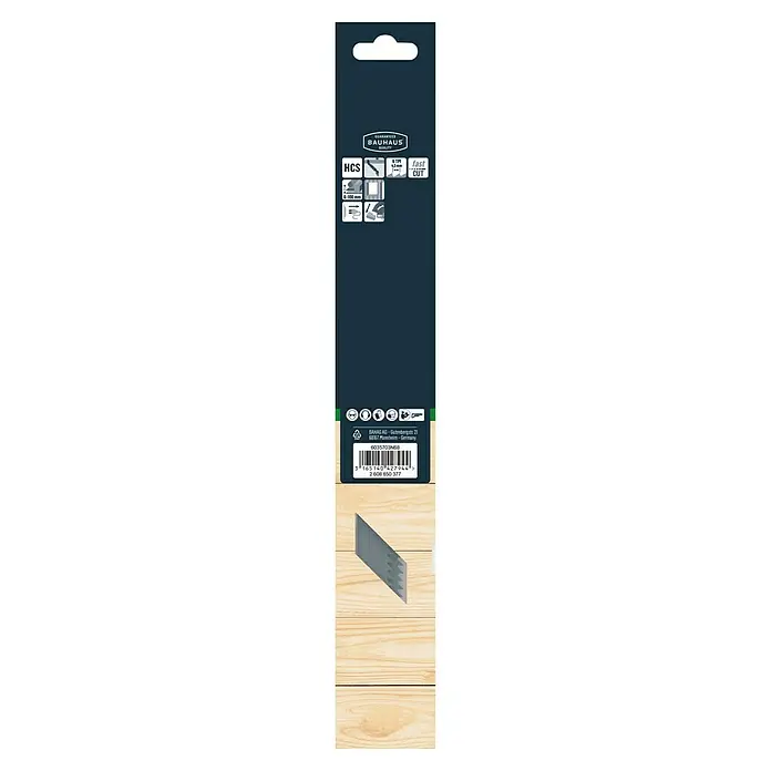 Craftomat Säbelsägeblatt S 1411 D - Holz/GFK, 2 -tlg., Zahnabstand: 4,3 mm - Das Bild zeigt eine Verpackung mit einem Bauhaus-Sägeblatt, das für schnelle Schnitte und eine Materialstärke von 6-100 mm geeignet ist.