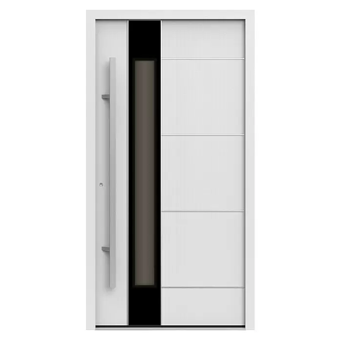 Gerda Haustür Thermo Prime 75 Linz - 110 x 210 cm, DIN Anschlag: Links, Weiß, Details in Edelstahl - Moderne weiße Tür mit langem silbernem Griff, Schlüsselloch, dunklem vertikalen Glaseinsatz und Querleisten.