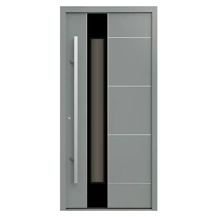 Gerda Haustür Thermo Prime 75 Linz - 100 x 210 cm, DIN Anschlag: Links, Grau, Details in Edelstahl - Moderne graue Haustür mit langem Griff, vertikalem dunklem Glaseinsatz und drei horizontalen Zierlinien.