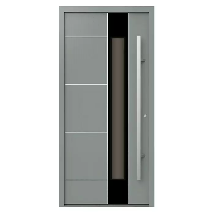 Gerda Haustür Thermo Prime 75 Linz - 100 x 210 cm, DIN Anschlag: Rechts, Grau, Details in Edelstahl - Moderne graue Eingangstür mit vertikalem Glaseinsatz und langem silbernem Zuggriff.