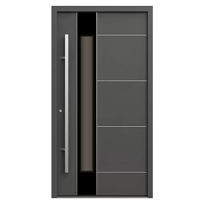 Gerda Haustür Thermo Prime 75 Linz - 110 x 210 cm, DIN Anschlag: Links, Anthrazitgrau, Details in Edelstahl - Moderne dunkelgraue Eingangstür mit vertikalem silbernem Stangengriff, schmalem Glaseinsatz und horizontalen Zierleisten.
