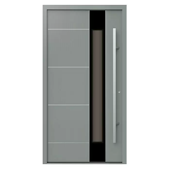 Gerda Haustür Thermo Prime 75 Linz - 110 x 210 cm, DIN Anschlag: Rechts, Grau, Details in Edelstahl - Moderne graue Eingangstür mit vertikalem Glaseinsatz, horizontalen Silberstreifen und langem silbernem Griff.