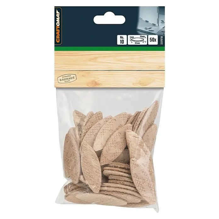Craftomat Flachdübel - Länge: 55 mm, 50 Stk. - Packung mit 50 Holzdübeln Nr. 10 von Craftomat/Bauhaus, ideal für Holzverbindungen. Garantiert hochwertige Bauhaus-Qualität für präzise und stabile Ergebnisse.