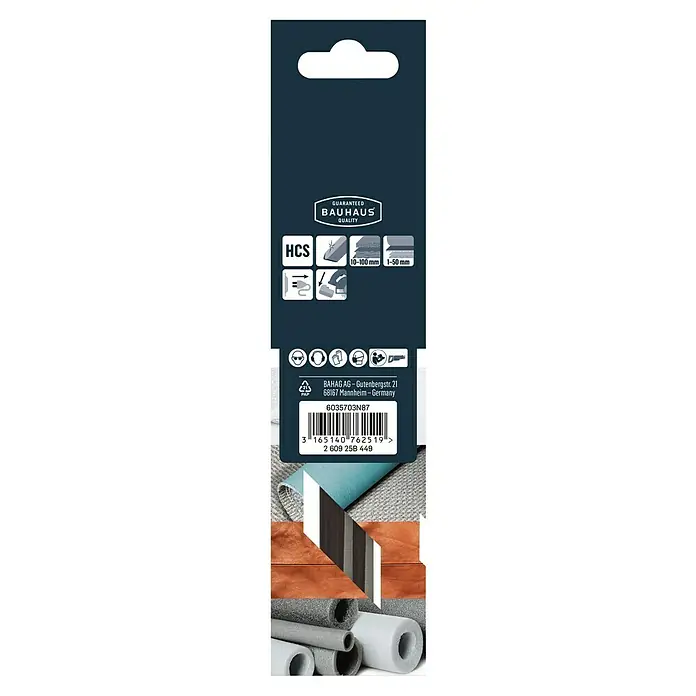 Craftomat Hoja de sierra de sable S713 A - Aislamiento, 2 pzs. - Primer plano del embalaje del producto, destacando el logotipo de garantía de calidad Bauhaus, las especificaciones HCS y el código de barras.