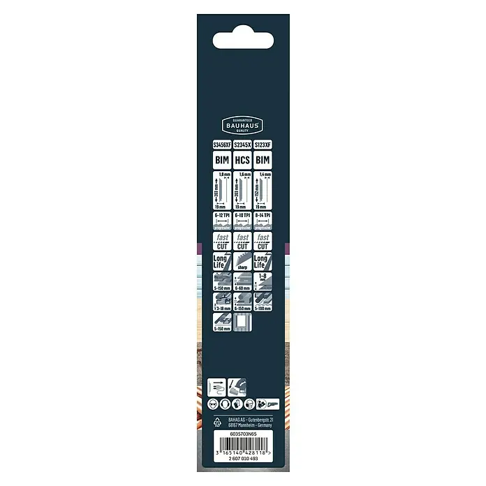 Craftomat Säbelsägeblatt-Set - Holz/Metall/Kunststoff, 3 -tlg. - Produktverpackung mit Artikeldetails und Barcode für BAUHAUS Sägeblätter, ideal für Handwerker und Heimwerker.