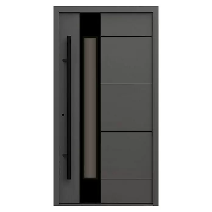 Gerda Haustür Thermo Prime 75 Linz - 110 x 210 cm, DIN Anschlag: Links, Anthrazitgrau, Schwarze Details - Moderne dunkelgraue Tür mit langem schwarzem Griff und vertikalem Glaseinsatz.
