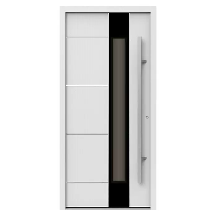 Gerda Haustür Thermo Prime 75 Linz - 100 x 210 cm, DIN Anschlag: Rechts, Weiß, Details in Edelstahl - Moderne weiße Haustür mit vertikalem schwarzem Glaseinsatz und langem silbernen Stangengriff.