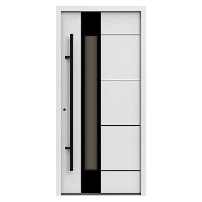 Gerda Haustür Thermo Prime 75 Linz - 100 x 210 cm, DIN Anschlag: Links, Weiß, Schwarze Details - Moderne weiße Tür mit schwarzem Langgriff, schwarzem Rahmen um braune Glasfüllung und Schloss.