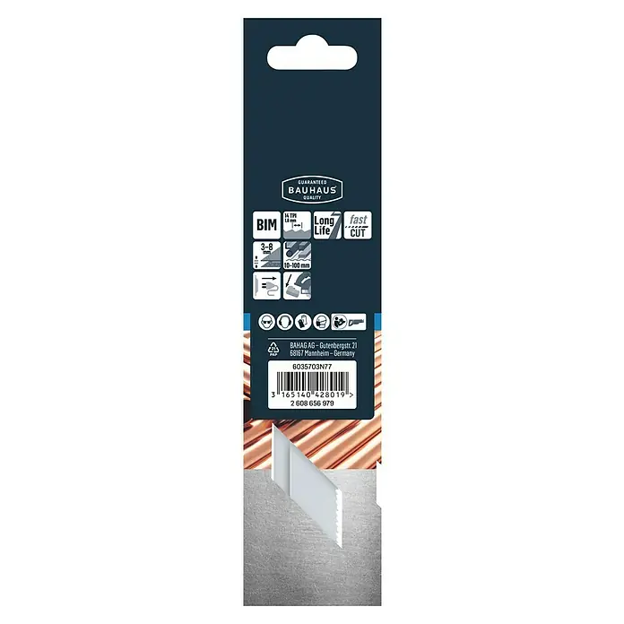 Craftomat Säbelsägeblatt S 922 BF - Metall, 2 -tlg., Zahnabstand: 1,8 mm - Abbildung der Produktverpackung mit Informationen zu BIM, Lebensdauer, Schnittgeschwindigkeit und EAN-Code.
