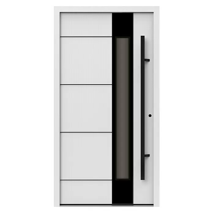 Gerda Haustür Thermo Prime 75 Linz - 110 x 210 cm, DIN Anschlag: Rechts, Weiß, Schwarze Details - Moderne weiße Tür mit texturierter Oberfläche, einem schwarzen vertikalen Glaseinsatz und langem schwarzen Griff.