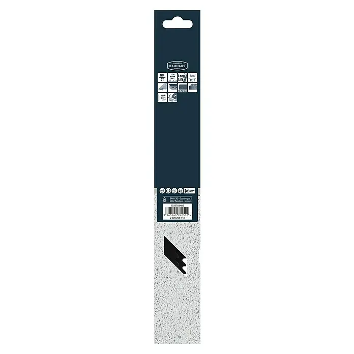 Craftomat Hoja de sierra de sable S 1241 HM - Productos de construcción, 2 pzs., Distancia entre dientes: 8,5 mm - Primer plano del empaque de una hoja de sierra Bauhaus, que promociona su larga vida útil y cortes rápidos. Ideal para uso profesional.\n
