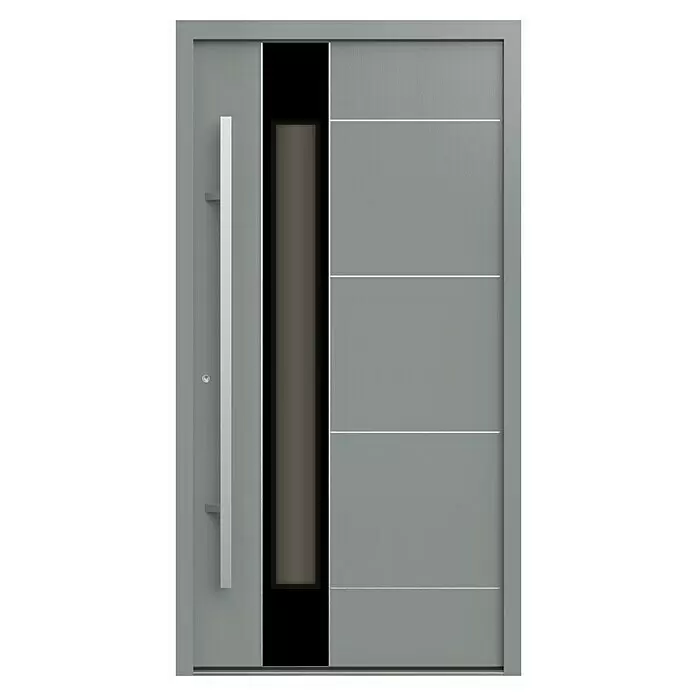 Gerda Haustür Thermo Prime 75 Linz - 110 x 210 cm, DIN Anschlag: Links, Grau, Details in Edelstahl - Graue moderne Haustür mit langem silbernem Griff, vertikalem Glaseinsatz und horizontalen Linien.