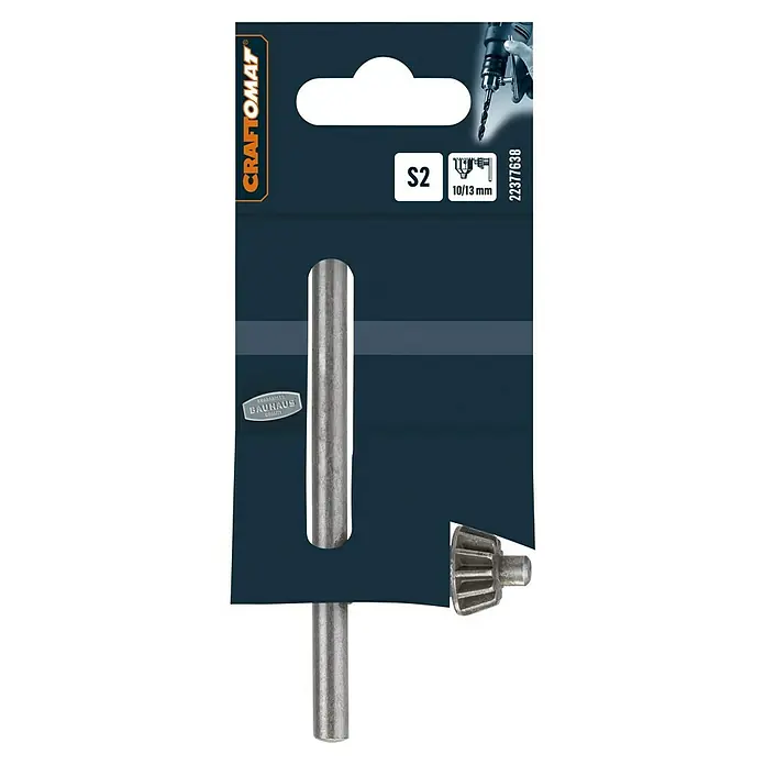 Craftomat Bohrfutterschlüssel - 13 mm - Produktverpackung mit einem Metallbohrer und einem Zahnradaufsatz, Marke Craftomat, Größe S2, geeignet für 10/13 mm Bohrfutter.